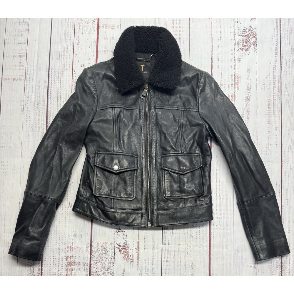 Ted‎ Baker London Ovine Leather Jacket Women's Size 1 Lamb Shearling Fur Trim